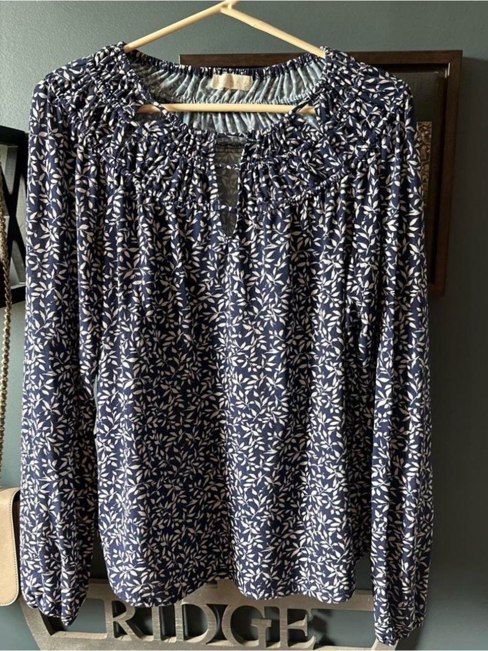 Madewell Navy Blue Floral Smocked-Yoke Blouse